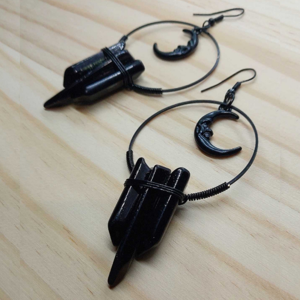 Blacked Out Crescent Moon Electro-Quartz Wire Wrap Earrings 18$
